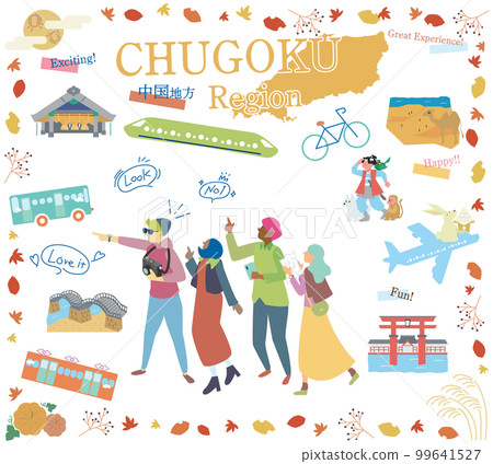 在日本中國地區享受秋季特色觀光的遊客,一組圖標(扁平) 在日本中國地區享受秋季特色觀光的遊客,一組圖標(扁平) 99641527