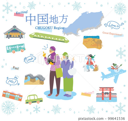 在日本中國地區享受冬季特色觀光的老年夫婦,一組圖標(扁平) 在日本中國地區享受冬季特色觀光的老年夫婦,一組圖標(扁平) 99641536