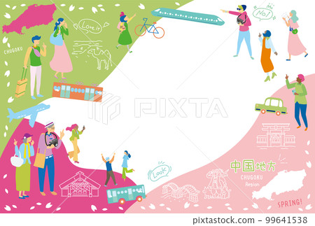 在日本中國地區享受春季特別觀光的遊客,一組圖標(平面) 在日本中國地區享受春季特別觀光的遊客,一組圖標(平面) 99641538