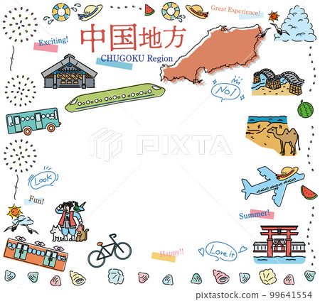 A set of icons of summer specialties sightseeing in the Chugoku region of Japan (line drawing) 99641554