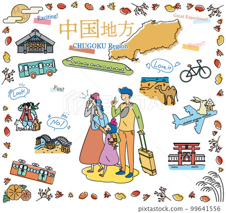 A family of three who enjoys the autumn specialty sightseeing in the Chugoku region of Japan, a set of icons (line drawing) 99641556