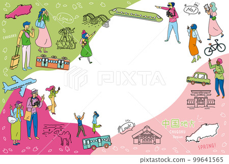 A set of icons (line drawings) for tourists who enjoy spring special sightseeing in the Chugoku region of Japan 99641565
