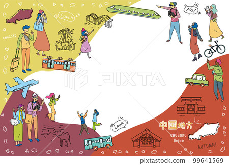 一組圖標（線條圖），供在日本中國地區享受秋季特色觀光的遊客使用 99641569