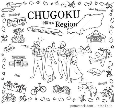 一組圖標(黑白線條圖),供在日本中國地區享受秋季特色觀光的遊客使用 一組圖標(黑白線條圖),供在日本中國地區享受秋季特色觀光的遊客使用 99641582