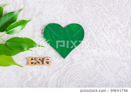 ESG environmental social management policy. Green heart, letters and leaves on a gray background. 99641746