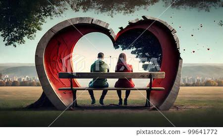 Two lovers sit on a bench against the heart of a love symbol created with generative AI technology. High quality illustration Two lovers sit on a bench against the heart of a love symbol created with generative AI technology. High quality illustration 99641772