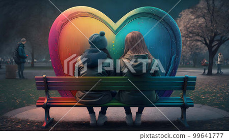 Two lovers sit on a bench against the heart of a love symbol created with generative AI technology. High quality illustration 99641777