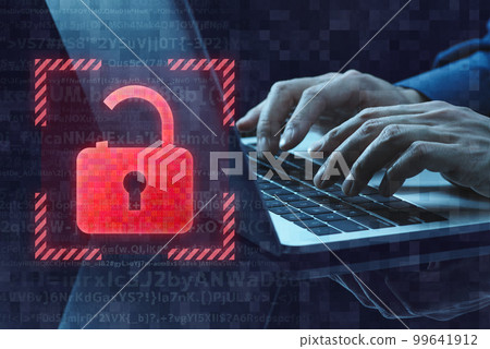 互聯網安全漏洞的圖像。使用筆記本電腦和破損的掛鎖圖標關閉手 99641912