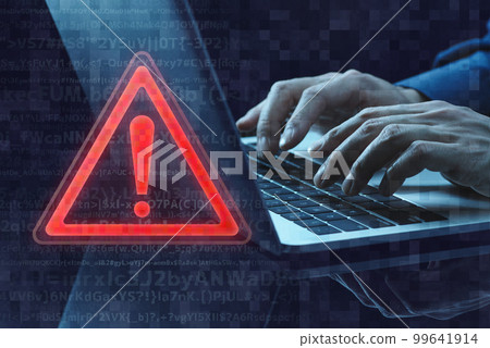 Computer security alert. Hand up and warning mark using a laptop. Computer security alert. Hand up and warning mark using a laptop. 99641914