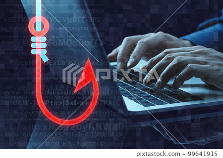 An image of a phishing scam. Close up of a hand using a laptop with a fishing hook icon. 99641915