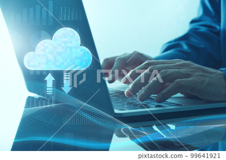 cloud computing technology. Close up of hands using cloud icon and laptop. 99641921