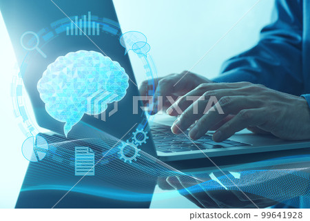 artificial intelligence technology. A man working with AI. Illustration of AI and a close-up of a hand using a laptop. 99641928