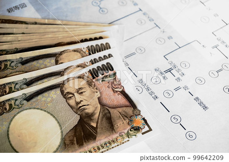 放在親屬圖上的 10,000 日元鈔票,繼承圖像 放在親屬圖上的 10,000 日元鈔票,繼承圖像 99642209