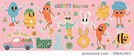 Groovy hippie Happy Easter stickers. Easter bunny, eggs, flower, chickens. Sticker pack of cartoon characters and elements in trendy retro 60s 70s cartoon style. 99642465
