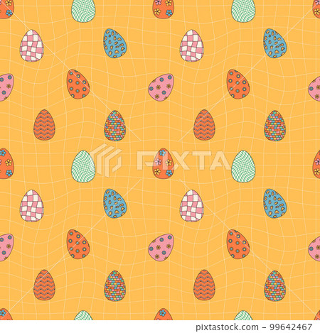 Groovy hippie Happy Easter seamless pattern. Easter backgrounds in trendy retro 60s 70s cartoon style. 99642467