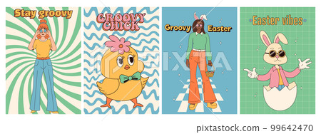 Groovy hippie Happy Easter posters. Easter eggs, bunny. Vector card in trendy retro 60s 70s cartoon style. 99642470