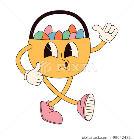 Groovy hippie Happy Easter character. Easter basket with eggs in trendy retro 60s 70s cartoon style. 99642481