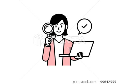 Cartoon Stock Illustration of a business woman holding a magnifying glass and a laptop. Illustration materials for business, education, lectures, and campaigns Cartoon Stock Illustration of a business woman holding a magnifying glass and a laptop. Illustration materials for business, education, lectures, and campaigns 99642555
