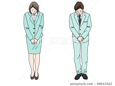 Businessman and woman in suit bowing politely Full body front color illustration set Businessman and woman in suit bowing politely Full body front color illustration set 99642682