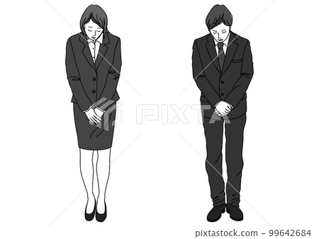Businessmen and women in suits bowing politely Full body front flat illustration Monochrome 99642684