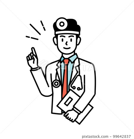 Cartoon illustration depicting a male doctor explaining and guiding about medical information and health care 99642837