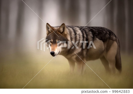 Lone wolf in the hazy fog at dawn in the forest, made with generative AI Lone wolf in the hazy fog at dawn in the forest, made with generative AI 99642883