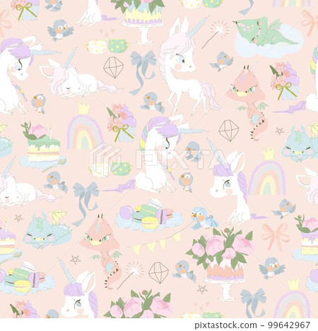 Seamless Pattern with Little Dragons, Magic Unicorns and Flowers on Pink Background 99642967