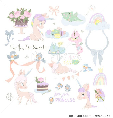 Set of Cute Little Dragons, Magic Unicorns and Flowers on White Background Set of Cute Little Dragons, Magic Unicorns and Flowers on White Background 99642968