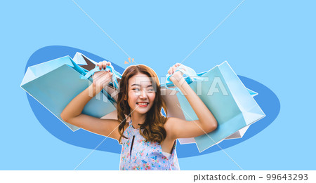 Young adult asian woman with shopping bags in collage contemporary art style 99643293