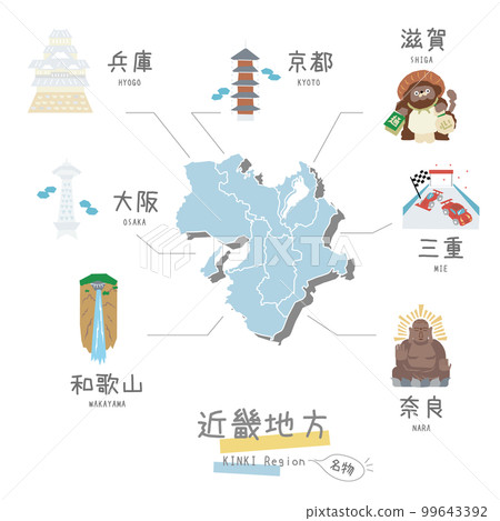 Japan's Kinki region's famous sightseeing, map, icon set (flat) Japan's Kinki region's famous sightseeing, map, icon set (flat) 99643392
