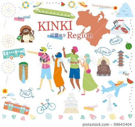 遊客在日本近畿地區享受夏季特色觀光，一組圖標（平面） 99643404