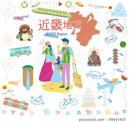 享受日本近畿地區夏季特產觀光的一家三口圖標集(平面) 享受日本近畿地區夏季特產觀光的一家三口圖標集(平面) 99643407