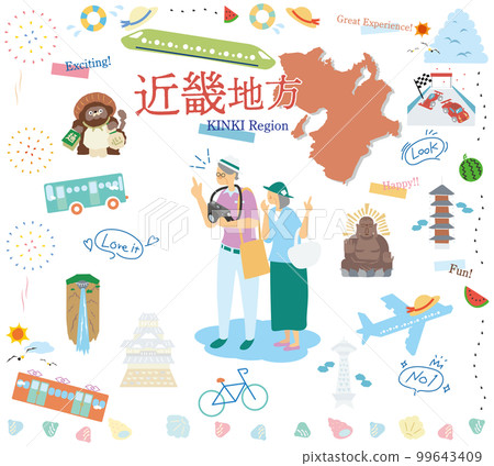 A senior couple who enjoys summer specialties sightseeing in the Kinki region of Japan, a set of icons (flat) 99643409