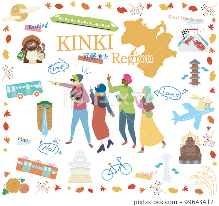 Tourists enjoying the autumn specialties sightseeing in the Kinki region of Japan, a set of icons (flat) Tourists enjoying the autumn specialties sightseeing in the Kinki region of Japan, a set of icons (flat) 99643412