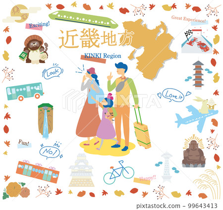 A family of three who enjoys the autumn specialty sightseeing in the Kinki region of Japan, a set of icons (flat) 99643413