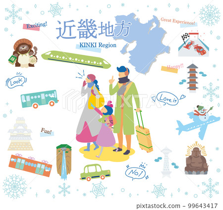 A family of three who enjoys winter specialties sightseeing in the Kinki region of Japan, a set of icons (flat) A family of three who enjoys winter specialties sightseeing in the Kinki region of Japan, a set of icons (flat) 99643417