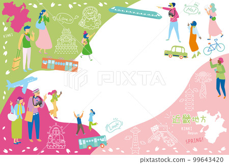 Tourists enjoying the spring special sightseeing in the Kinki region of Japan, a set of icons (flat) Tourists enjoying the spring special sightseeing in the Kinki region of Japan, a set of icons (flat) 99643420