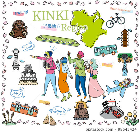 在日本近畿地區享受春季特別觀光的遊客的一組圖標（線條圖） 99643424