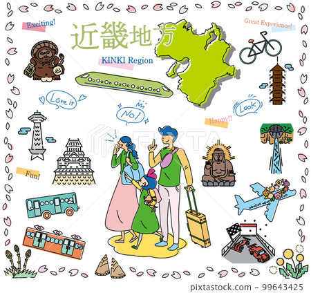 A family of three who enjoys spring special sightseeing in the Kinki region of Japan, a set of icons (line drawing) A family of three who enjoys spring special sightseeing in the Kinki region of Japan, a set of icons (line drawing) 99643425