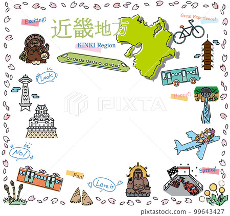 A set of icons of spring specialties sightseeing in the Kinki region of Japan (line drawing) 99643427