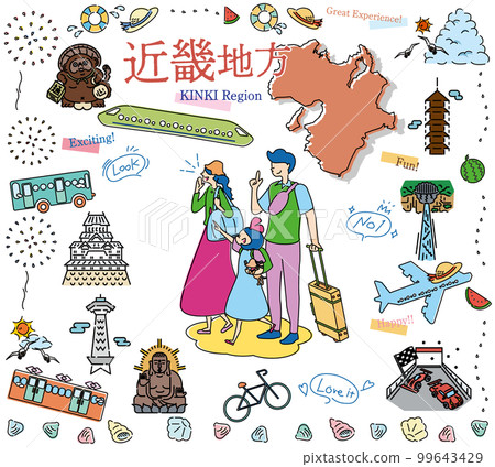 享受日本近畿地區夏季特產觀光的一家三口圖標集(線描) 享受日本近畿地區夏季特產觀光的一家三口圖標集(線描) 99643429