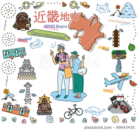 A senior couple who enjoys summer specialties sightseeing in the Kinki region of Japan, a set of icons (line drawing) 99643430