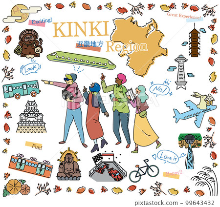 Tourists enjoying the autumn specialty sightseeing in the Kinki region of Japan, a set of icons (line drawing) Tourists enjoying the autumn specialty sightseeing in the Kinki region of Japan, a set of icons (line drawing) 99643432