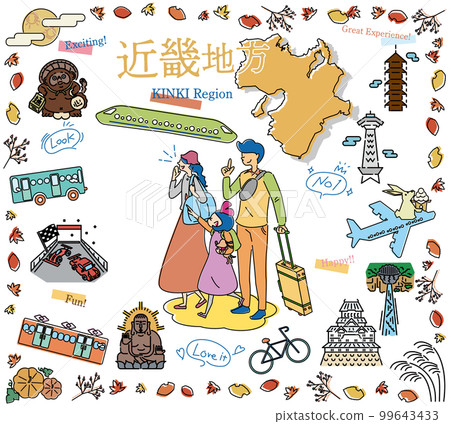 A family of three who enjoys autumn specialty sightseeing in the Kinki region of Japan, a set of icons (line drawing) 99643433