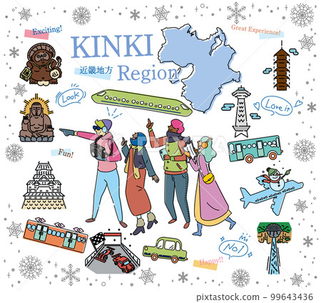 A set of icons (line drawings) for tourists who enjoy sightseeing in winter in the Kinki region of Japan A set of icons (line drawings) for tourists who enjoy sightseeing in winter in the Kinki region of Japan 99643436