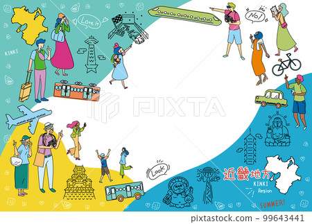 A set of icons (line drawings) for tourists who enjoy summer specialties sightseeing in the Kinki region of Japan 99643441
