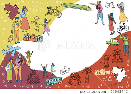 Tourists enjoying the autumn specialty sightseeing in the Kinki region of Japan, a set of icons (line drawing) Tourists enjoying the autumn specialty sightseeing in the Kinki region of Japan, a set of icons (line drawing) 99643442