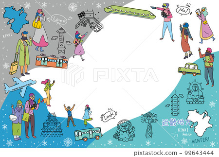 A set of icons (line drawings) for tourists who enjoy sightseeing in winter in the Kinki region of Japan A set of icons (line drawings) for tourists who enjoy sightseeing in winter in the Kinki region of Japan 99643444