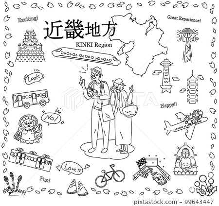 A senior couple who enjoys spring special sightseeing in the Kinki region of Japan, a set of icons (line drawing black and white) 99643447