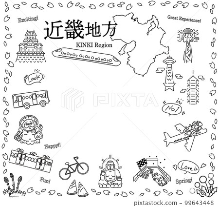 A set of spring specialty sightseeing icons in the Kinki region of Japan (line drawing black and white) A set of spring specialty sightseeing icons in the Kinki region of Japan (line drawing black and white) 99643448